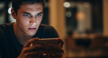 Un joven con el ceño fruncido mira intensamente un teléfono móvil que sostiene con ambas manos, iluminado por el brillo de la pantalla en un entorno oscuro.