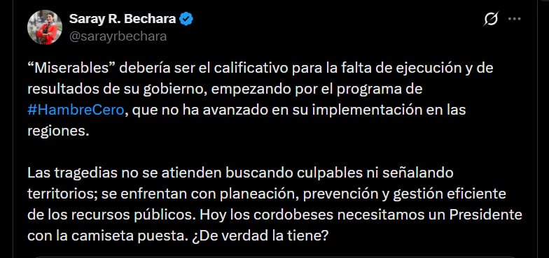 Saray Robayo calificó de “miserable” la falta de ejecución del Gobierno Petro en el programa Hambre Cero y la atención a la emergencia humanitaria en Córdoba - crédito @sarayrbechara/X