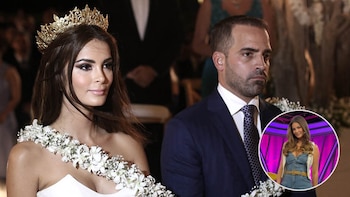 Laura Spoya, con corona dorada y vestido blanco con flores, junto a un hombre de traje azul oscuro; insertada, otra imagen de Spoya sonriendo, vestida de mezclilla