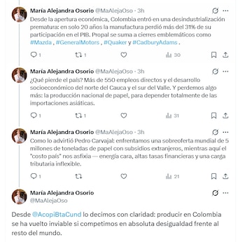 María Alejandra Osorio, directora ejecutiva de Acopi Bogotá Cundinamarca, apuntó que "desde la apertura económica, Colombia entró en una desindustrialización prematura" - crédito @MaAlejaOso/X