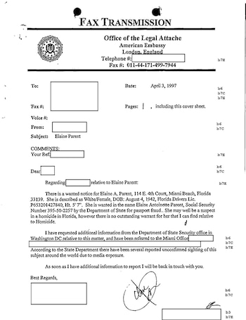 Una transmisión de fax fechada el 3 de abril de 1997, de la Embajada de EE.UU. en Londres, sobre la búsqueda de Elaine Parent por fraude de pasaporte