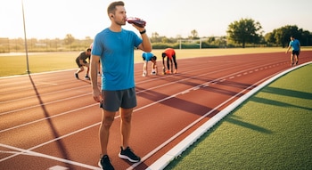 Un hombre vestido con camiseta azul y pantalón corto gris bebe de una botella de jugo en una pista de atletismo roja. Otros atletas están en el fondo.