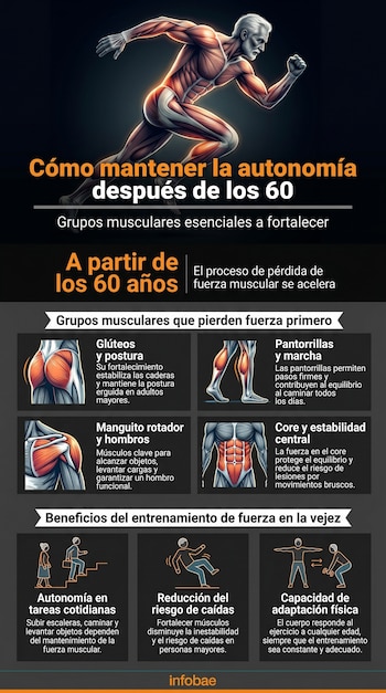 Infografía con un hombre musculoso y mayor corriendo, mostrando músculos. Detalla grupos musculares clave como glúteos y core, y beneficios del entrenamiento.