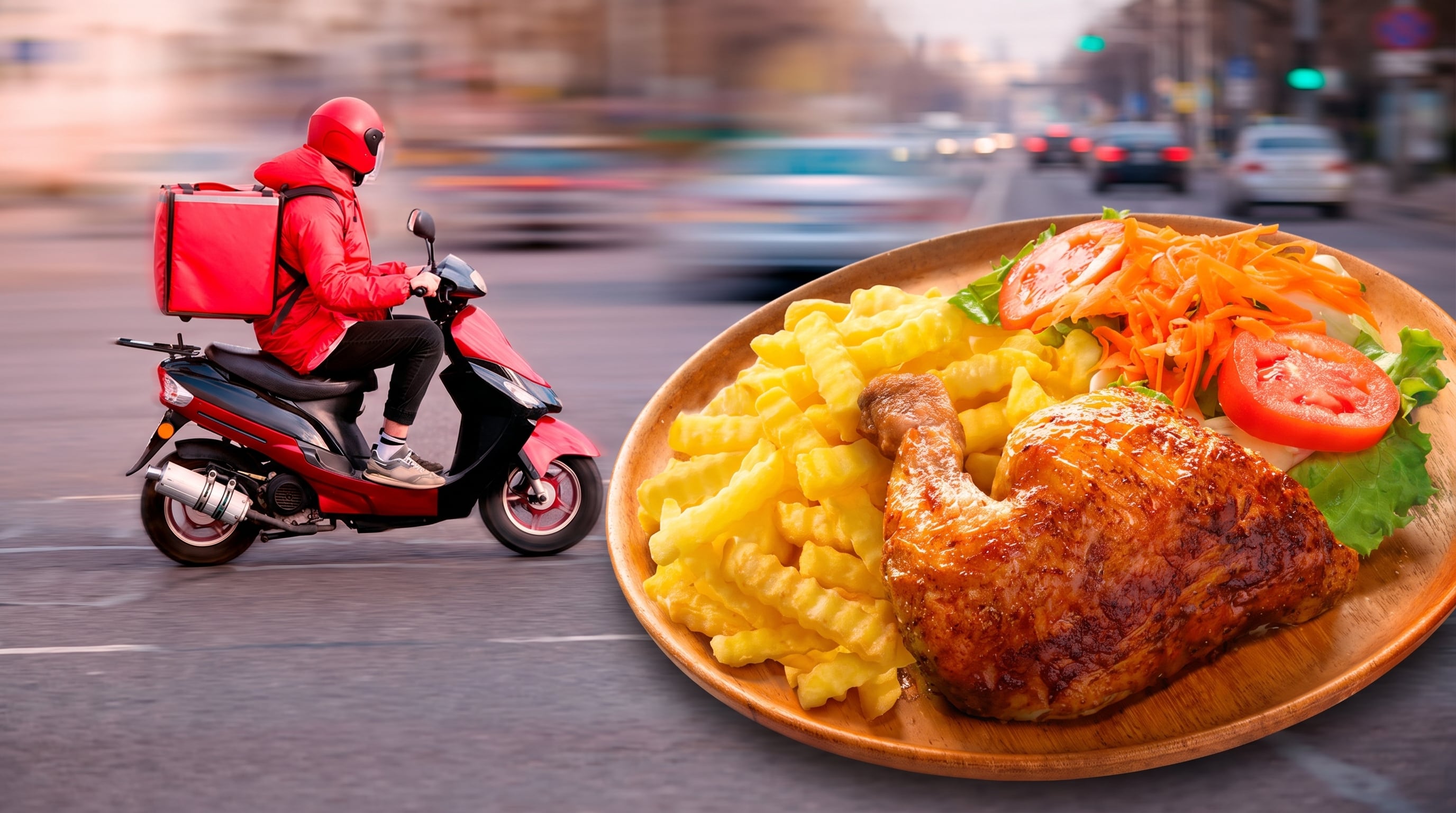 Un repartidor en motocicleta roja transporta un pedido en una calle urbana, mientras un plato de pollo a la brasa con guarnición ocupa el primer plano. (Imagen Ilustrativa Infobae)