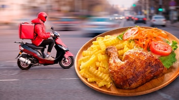 Un repartidor en moto con caja y casco rojos, sobre una calle. Al frente, un plato con cuarto de pollo a la brasa, patatas fritas y ensalada.