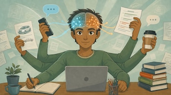 Hombre joven con múltiples brazos, sentado en un escritorio con laptop, teléfono, documentos, café y libros, su cerebro muestra actividad en ambos hemisferios.