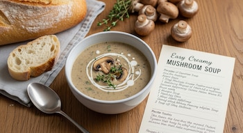 Vista superior de un tazón de sopa de hongos cremosa con champiñones y tomillo. Junto a ella, pan, una cuchara y una receta sobre madera.