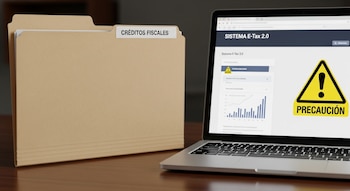 Un expediente con etiqueta CRÉDITOS FISCALES y una computadora portátil con pantalla que muestra el SISTEMA E-Tax 2.0 y una señal de PRECAUCIÓN.