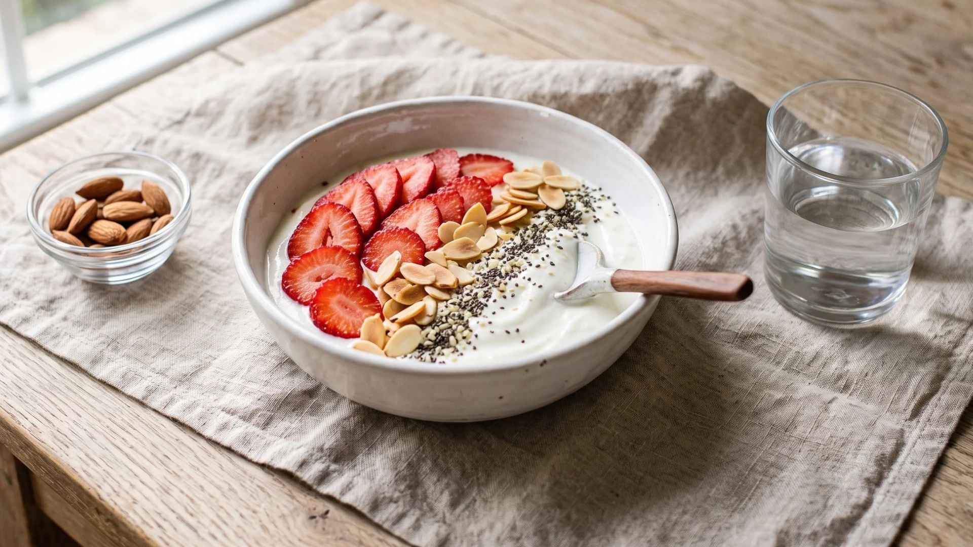 La endocrinóloga Reema Patel recomienda un desayuno de yogur griego, almendras, chía y frutillas para proteger la densidad ósea (Imagen Ilustrativa Infobae)