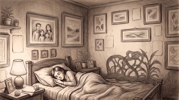 Dibujo en tonos sepia de una persona en una cama, una lámpara en la mesa de noche y múltiples marcos con fotografías en la pared.
