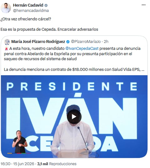 María José Pizarro respaldó denuncia de Cepeda contra De La Espriella por presunto desvío en Salud Vida EPS y Hernán Cadavid le contestó - crédito @hernancadavidma/X - @PizarroMariaJo/X