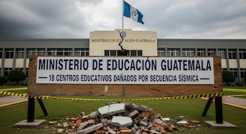 Edificio del Ministerio de Educación Guatemala con grieta en la fachada, bandera, cartel de madera, escombros, y cinta de seguridad sobre césped.