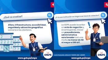 Infografía de dos paneles con un personaje animado de la ONPE. El primer panel lista criterios de evaluación, el segundo indica multas por negativa