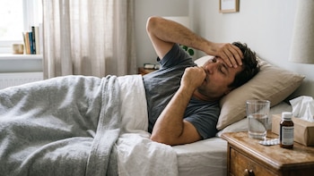 Un hombre acostado en una cama, con una mano en la frente y otra sobre la boca, junto a una mesa de noche con vaso de agua, pastillas y botella de medicina