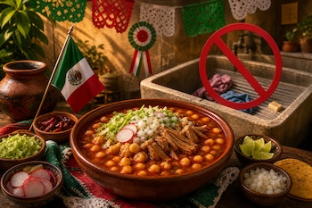 Un cuenco de barro con pozole, lechuga, cebolla y rábano al lado de una bandera mexicana y un lavadero de piedra con un círculo rojo tachado.
