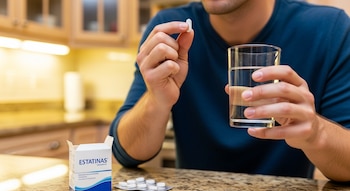 Hombre sujeta una píldora blanca y un vaso de agua en una cocina. En la encimera se ven una caja de estatinas y un blíster de píldoras.