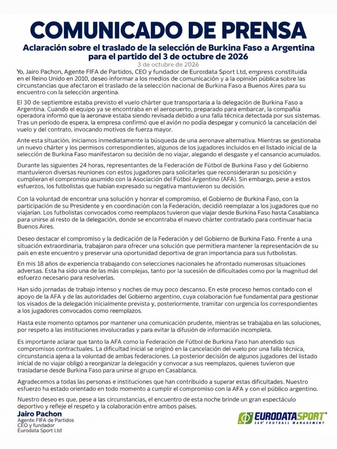 El comunicado de la empresa sobre el amistoso (Crédito: @pachon_jairo)