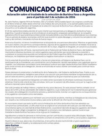 Documento con un comunicado de prensa titulado Aclaración sobre el traslado de la selección de Burkina Faso a Argentina