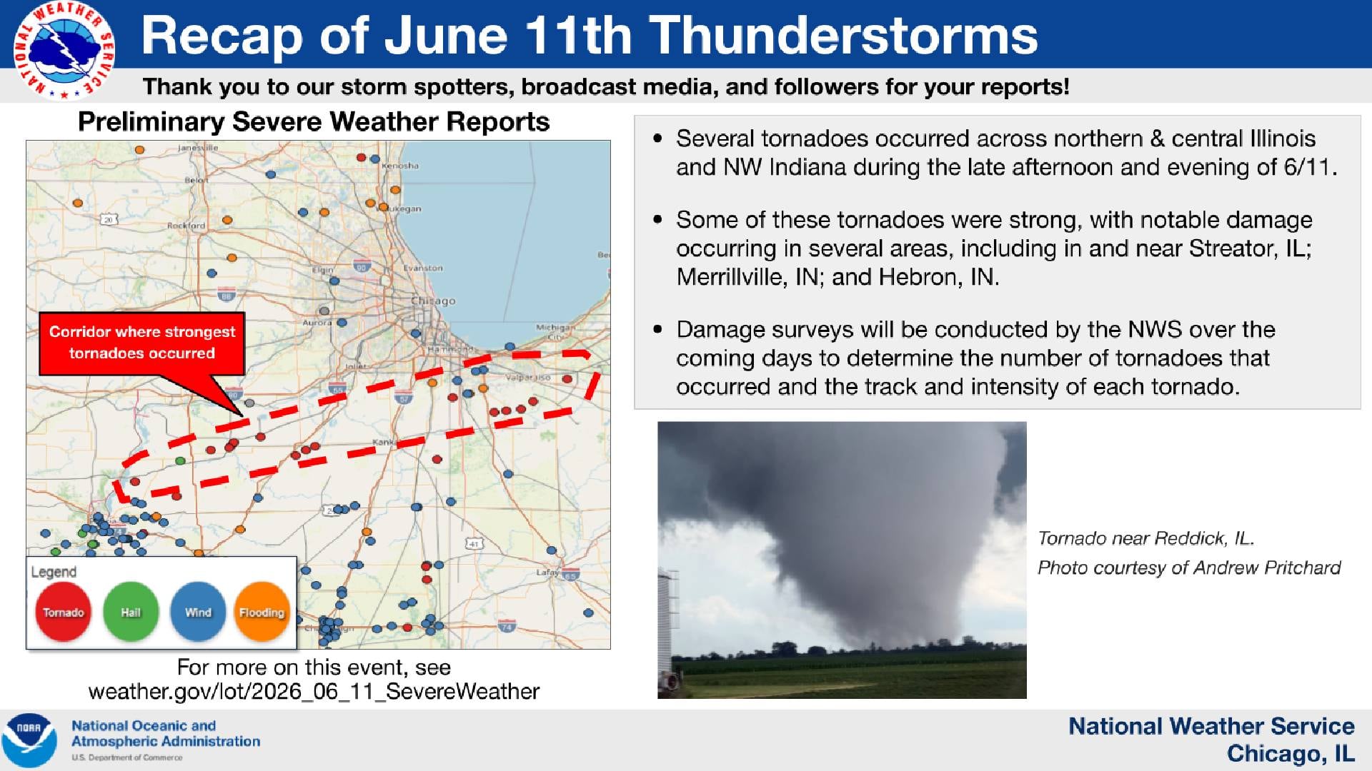Un tornado toca tierra cerca de Reddick, Illinois, como parte de una serie de fenómenos de clima severo que impactaron el norte y centro de Illinois y el noroeste de Indiana el 11 de junio (NWS)