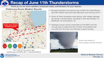 Informe del Servicio Meteorológico Nacional: mapa de Illinois/Indiana con trayectoria de tornados y foto de un tornado en Reddick, IL