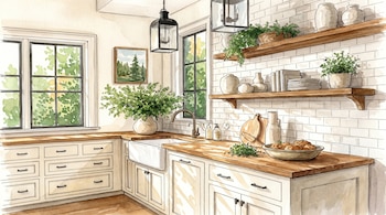 Cocina con gabinetes blancos, encimeras de madera, fregadero, ventanas, estantes, plantas, utensilios de cocina y luminarias colgantes.