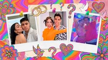 Fondo psicodélico colorido. Tres fotos Polaroid de una pareja con chinchetas. Dibujos de argollas, signos de interrogación, palomas, corazones y flores.