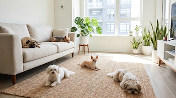 Cinco perros —pug, chihuahua, maltés, yorkshire terrier, shih tzu— yacen en un salón moderno con sofá, alfombra de yute, plantas y ventana grande.