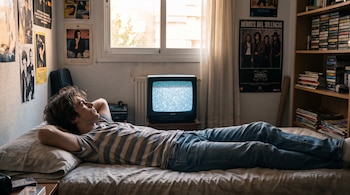 Adolescente tumbado en cama con camiseta y vaqueros. Televisor antiguo con ruido blanco, ventana, cortinas, pósteres, estantería con casetes.