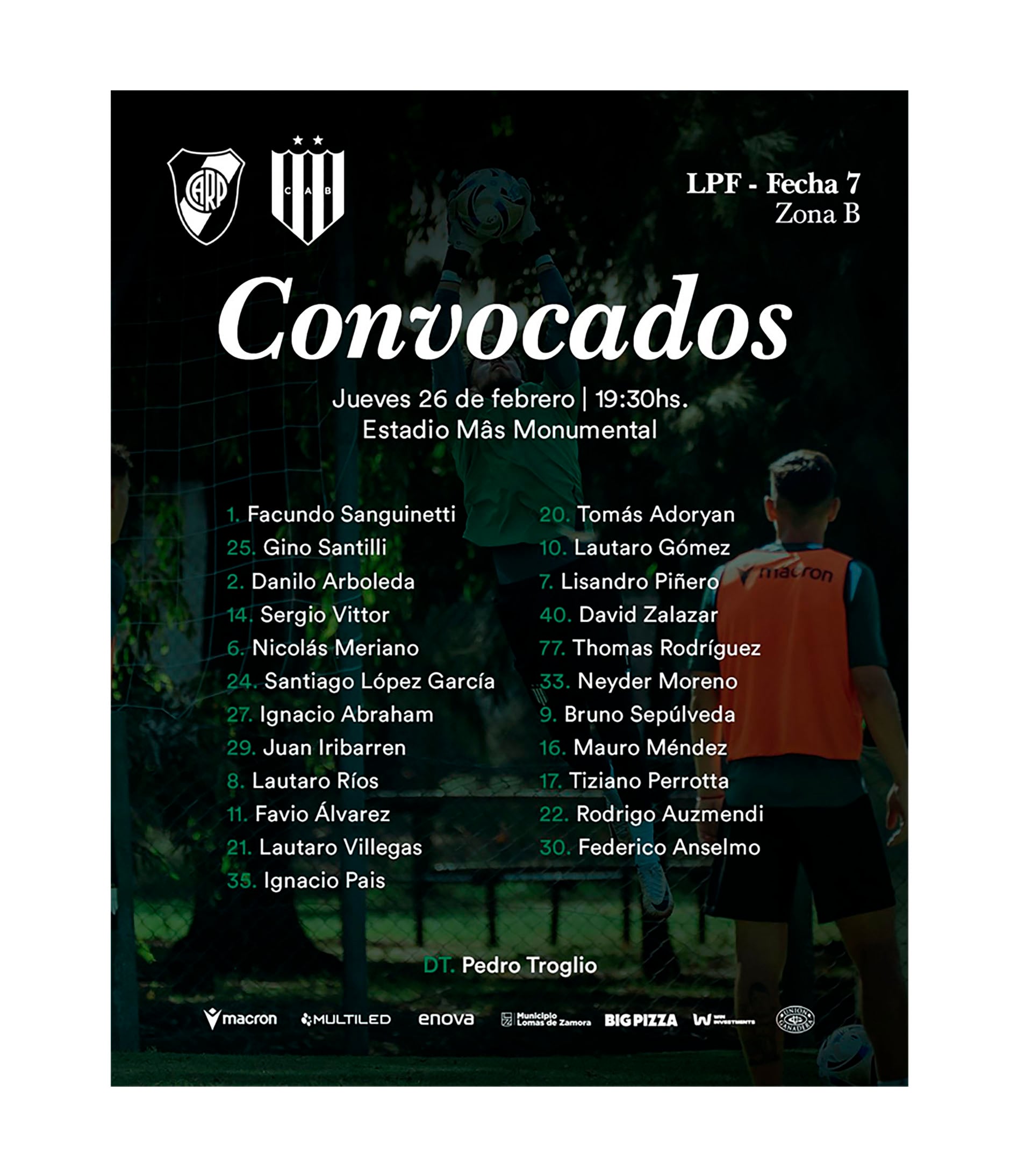 La imagen muestra la nómina oficial de jugadores de Club Atlético Banfield, incluyendo a Nicolás Meriano, convocados para el partido de la Liga Profesional de Fútbol contra River Plate en el Estadio Más Monumental. (X)