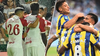 Imagen dividida. Izquierda: jugadores de Huracán con camiseta blanca y roja se abrazan. Derecha: jugadores de Rosario Central con camiseta amarilla y azul se abrazan