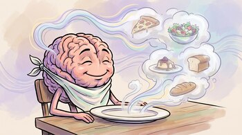 Cerebro antropomórfico sentado a una mesa con servilleta, mirando un plato. Nubes de vapor con pizza, ensalada, postre y pan flotan sobre él.