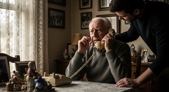 Hombre mayor canoso con suéter gris habla por teléfono fijo de color crema, con expresión de preocupación, mientras un hombre joven de camiseta oscura lo apoya por detrás.