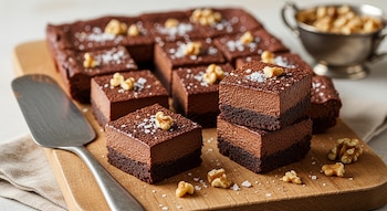 Brownies de chocolate de dos capas, decorados con nueces y sal marina, sobre una tabla de madera. Una espátula metálica y un tazón con nueces a un lado.