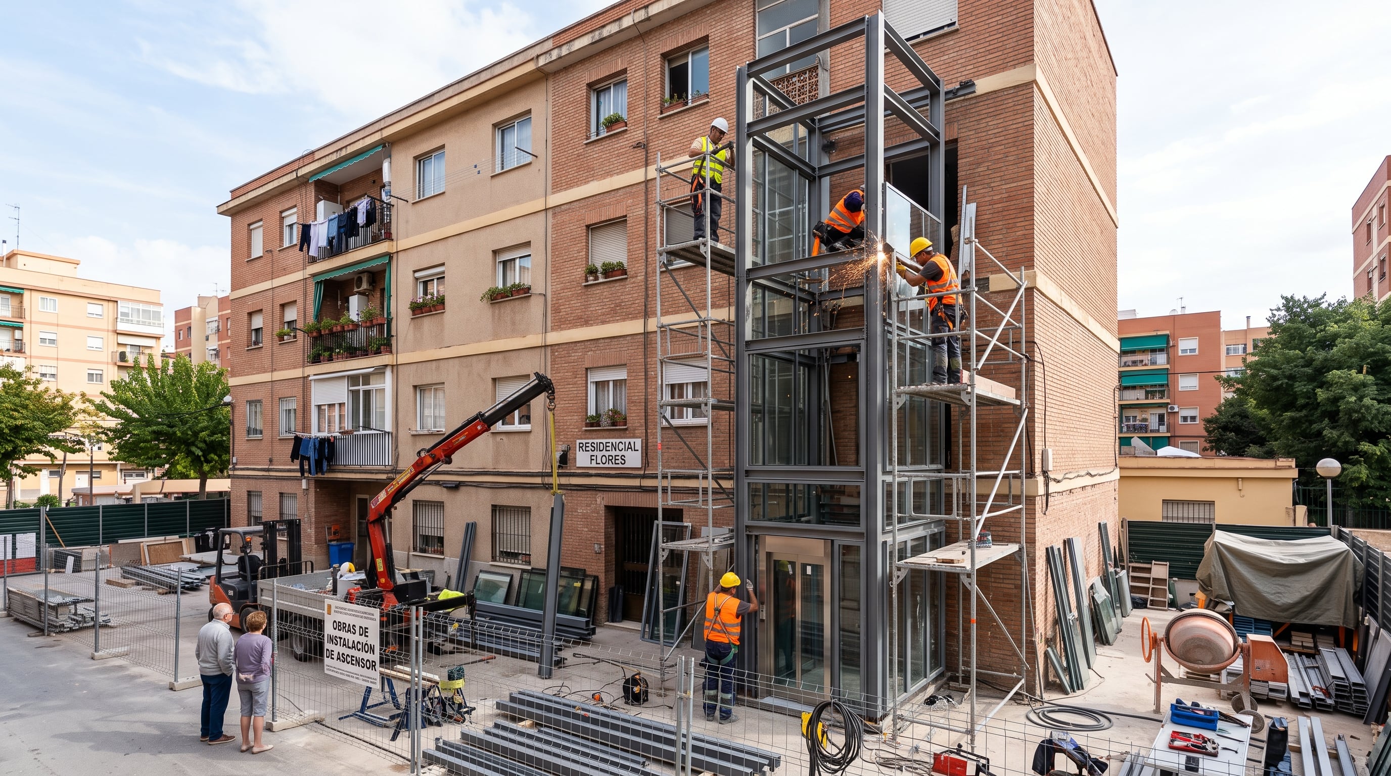 Varios operarios trabajan en la instalación de la estructura de un ascensor exterior en una comunidad de vecinos. (Imagen Ilustrativa Infobae/IA)