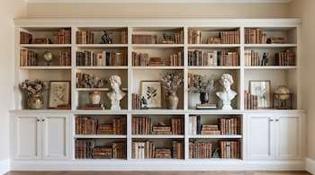 Estantería de pared blanca con múltiples estantes llenos de libros antiguos, jarrones con flores secas, dos bustos, dos globos terráqueos y varias figuras.