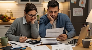 Un hombre y una mujer, ambos con expresión de preocupación, están sentados en una mesa de cocina revisando documentos, una calculadora y un portátil.