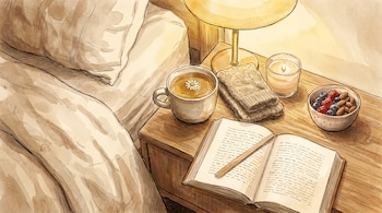 Ilustración acuarela de una mesa de noche con un libro abierto, una taza de té de manzanilla, una vela encendida y un cuenco con bayas y almendras, junto a una cama.