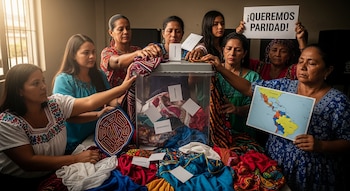 Siete mujeres se congregan alrededor de una urna transparente llena de ropa. Una sostiene un cartel con "¡QUEREMOS PARIDAD!", otra un mapa de Centroamérica y el Caribe.
