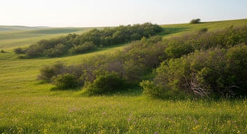 Vista de un paisaje de suaves colinas verdes. Grandes extensiones de arbustos y matorrales invaden una pradera con pequeñas flores amarillas y moradas.