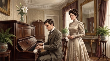 Ilustración de un hombre sentado frente a un piano vertical tocando sus teclas junto a una mujer vestida de época y un florero con lirios.