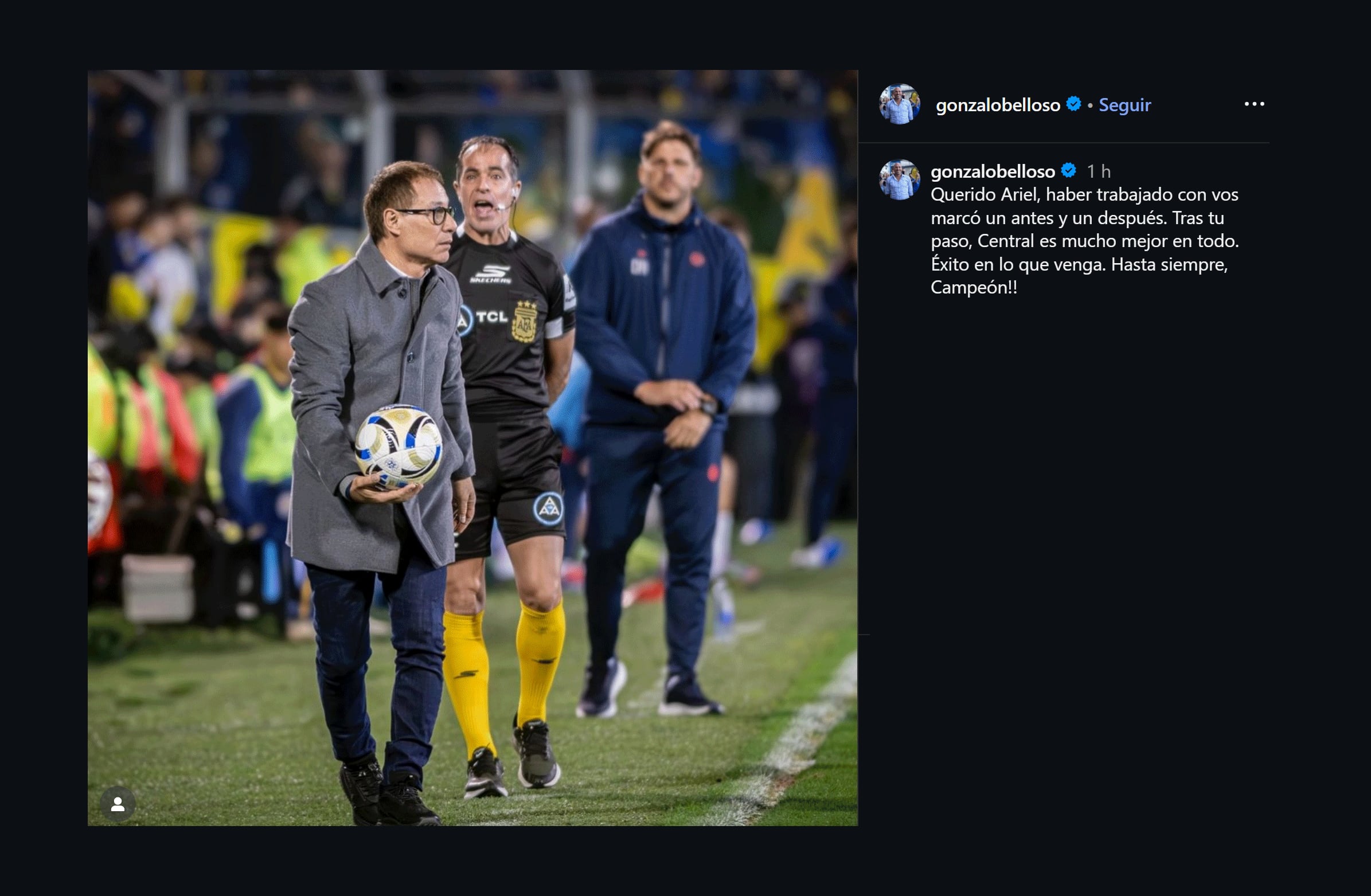 El posteo de Gonzalo Belloso, presidente de Rosario Central, tras la salida de Ariel Holan (Instagram)