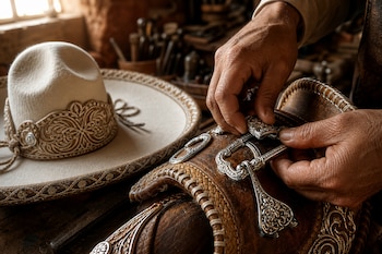 Manos de un artesano ajustando herrajes de plata en una montura de cuero junto a un sombrero blanco decorado en una mesa de madera.