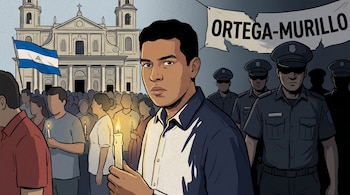 Ilustración de un joven moreno con vela en procesión. Detrás, la Catedral de Managua, bandera de Nicaragua y policías. Un cartel roto dice 'Ortega-Murillo'.
