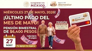 Anuncio gráfico rojo y blanco del Gobierno de México sobre el pago de la Pensión Bienestar. Muestra una pareja de adultos mayores, billetes, un calendario y una tarjeta del Banco del Bienestar.