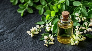 Botella de aceite de moringa con líquido dorado, rodeada de hojas verdes y semillas secas. – (Imagen Ilustrativa Infobae)