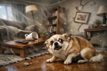 Un perro pequeño, de pelaje marrón y blanco, con expresión de terror, se agacha en un suelo de madera. Hay objetos caídos y polvo en una sala.