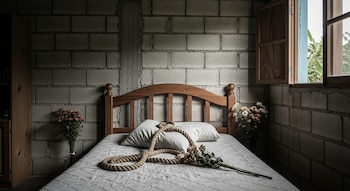 Dormitorio humilde con paredes de bloque, cama con cabecero de madera, colchón blanco. Una soga y flores marchitas yacen sobre la cama. Luz natural entra por ventana.