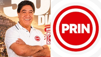 Fotografía de un hombre con los brazos cruzados en un afiche de campaña, al lado del logotipo circular del partido político PRIN