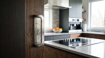 Manija metálica con manchas y huellas en la puerta de madera de una cocina moderna.