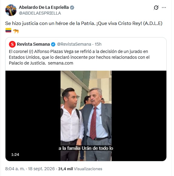 Abelardo de la Espriella felicitó al general retirado tras la decisión a su favor - crédito @ABDELAESPRIELLA/X